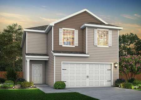 Dusk rendering of the Mesquite, built with tan siding and shutters
