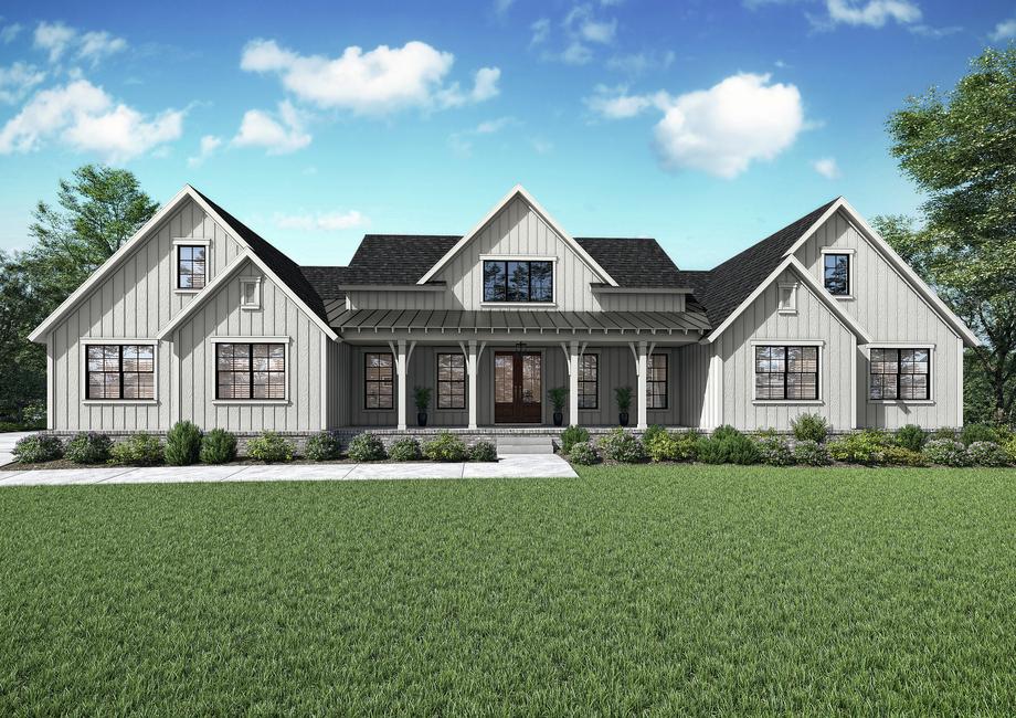 Elevation rendering of the two-story Talloulah with white siding, a large covered front porch and an attached sideload garage.