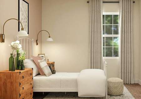 Rendering of a second bedroom with a window, tan walls and a light pink accent wall. The space is decorated with a bed, two nightstands and a rug.