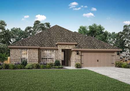 Artist illustration of the one-story Leland by LGI Homes with tan colored brick and brown paint trim.