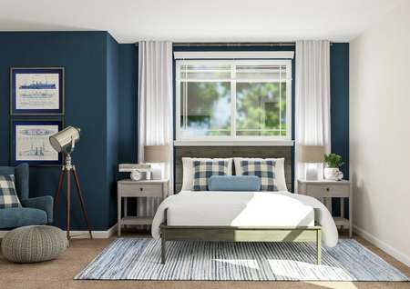 Rendering of a spacious bedroom in the
  Waverly plan that has a large window, wooden bed and two nightstands. A blue
  armchair and floor lamp also fill the space.