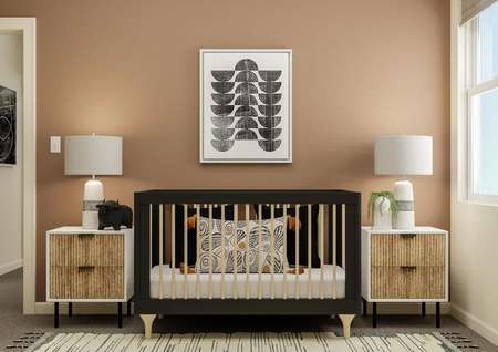 Rendering of a secondary bedroom
  converted into a nursery featuring furniture and décor.