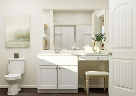 Rendering of the large master bath
  showing a sink and white make-up vanity besides a toilet. The mirror reflects
  the shower.