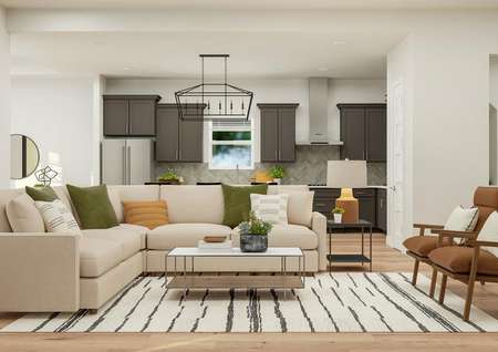 Rendering of the great room with
  sectional couch, coffee table, designer rug, coffee table and two arm chairs.