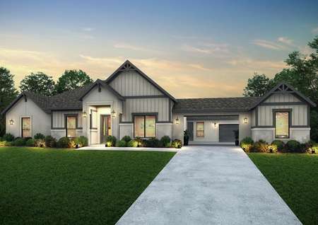 Dusk rendering of the Garza plan with a porte cochere, tan stucco and siding accents.