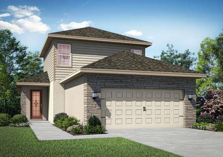 Two-story floor plan with stone on the garage and a walkway leading to the front door.