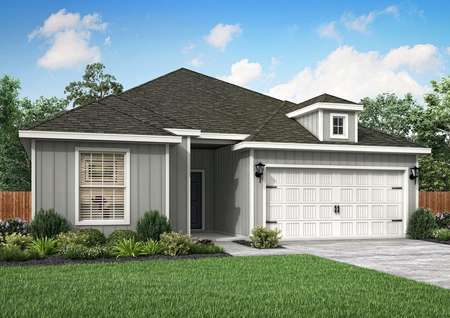 The Reed plan has vertical, light gray siding and an attached two-car garage.