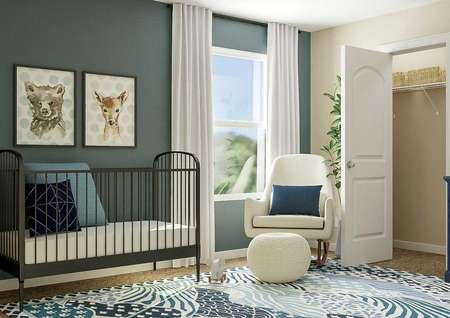 Rendering of a
  secondary bedroom with window and closet decorated as a nursery with a crib,
  white rocking chair and navy changing table.