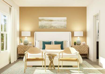 Rendering of the master bedroom
  showcasing oversized furniture along a bright accent wall.