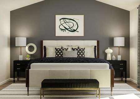 Rendering of the master suite focused on
  the large bed positioned between two nightstands. Black-and-white artwork
  hangs above the bed.