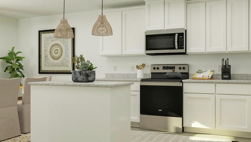 Rendering of the light and bright
  kitchen, which has white cabinetry, granite countertops and stainless steel
  appliances.