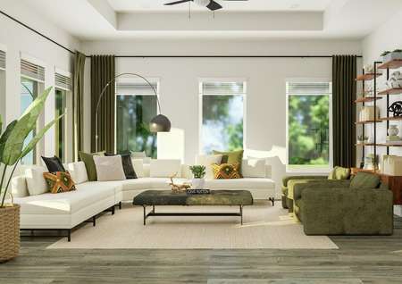 Rendering of the Thunderbird's family  den, complete with a large sectional, expansive windows, and media shelving.