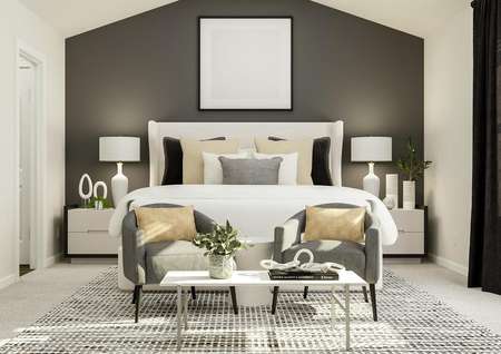 Rendering of the spacious master bedroom
  with vaulted ceiling. The room is furnished with a bed between two
  nightstands. Two armchairs and a coffee table sit at the foot of the bed.