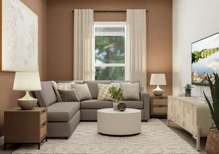 Rendering of a flex space furnished with
  a sectional couch, two side tables, coffee table and media cabinet.