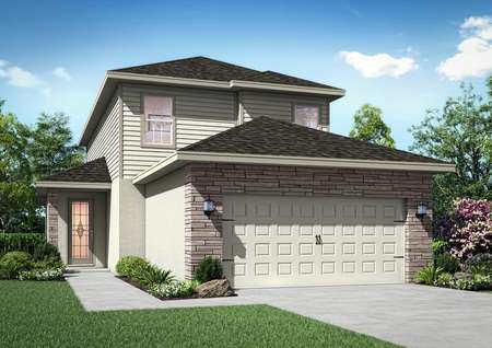 Floor plan with two floors and stone wrapped around the two-car garage.