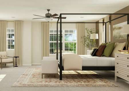 Rendering of the large master suite with
  several windows, a ceiling fan and carpeted flooring. A large poster bed sits
  between two nightstands opposite from a wall holding the dresser, lamp and
  armchair.