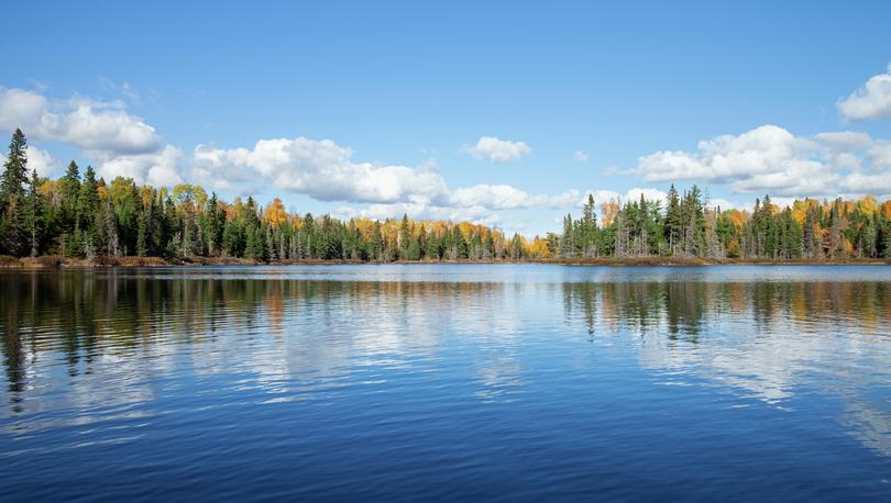 Stock image of blue lake with treeline in autumn color on a sunny afternoon in northern Minnesota.