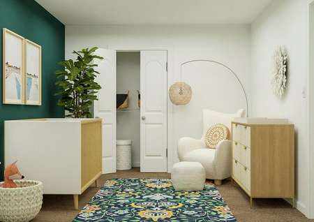 Rendering of a nursery showing a crib,
  dresser, armchair and colorful rug.