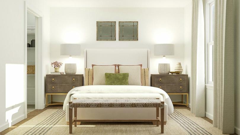 Rendering of owners bedroom with large
  bed, dual side tables, adjacent to linen closet.