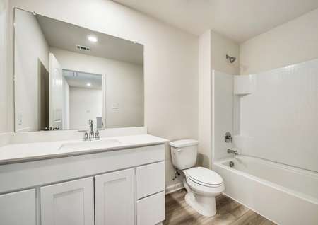 A full bathroom with modern upgrades and spacious countertops. 
