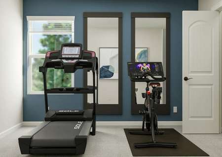 Rendering of a room furnished
  as a gym, complete with spin bike and treadmill.