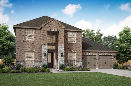 Artist rendering of the front elevation of the Redwood C by LGI Homes with brick and stone accents.