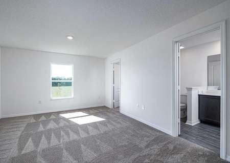 The carpeted master bedroom containing a full bathroom and a large walk-in closet on the second floor. 
