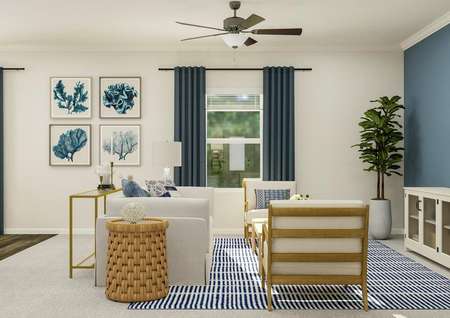 Rendering of the living room furnished
  with a couch, two accent chairs and a media center. The room has a window,
  carpeted flooring and a ceiling fan.