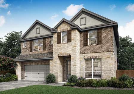 The Sterling plan has a luxurious stucco, brick and stone exterior.