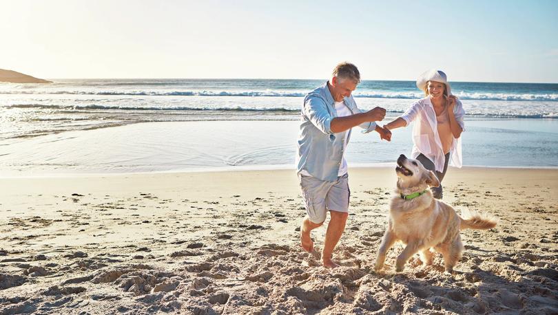 Couple playing with their dog on the beach. 