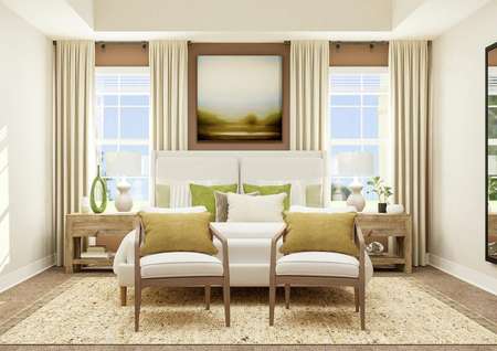 Rendering of spacious master bedroom
  showing large white framed bed with matching nightstands and 2 accent chairs,
  sitting between large windows with beige carpet flooring throughout.