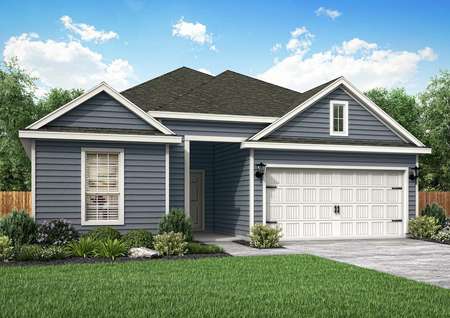 The Reed plan has horizontal, blue siding and an attached two-car garage.