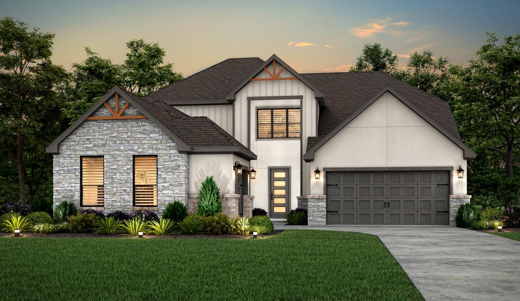 Dusk rendering of the two-story, McAlester plan with light stucco.
