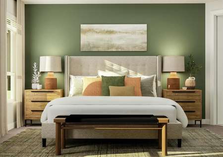 Rendering of the large master suite in
  the Overholser. The room has high ceilings, a window and carpeted flooring. A
  bed with a bench at the end sits between two nightstands.