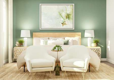Rendering of the large owner's bedroom
  featuring a wood-framed bed and seating area along a light green accent wall.
  A large window is featured to the left.