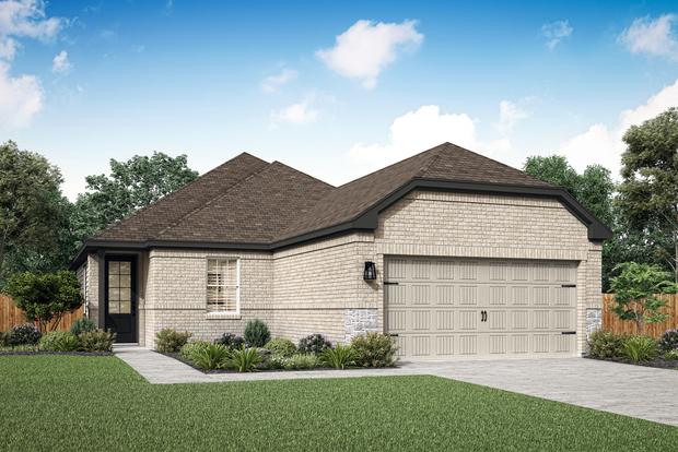 Rendering of the Archer, with stone, brick and a two-car garage.