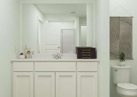 Rendering of owners bathroom with white
  finishes, mirror above sink and toilet to the side.