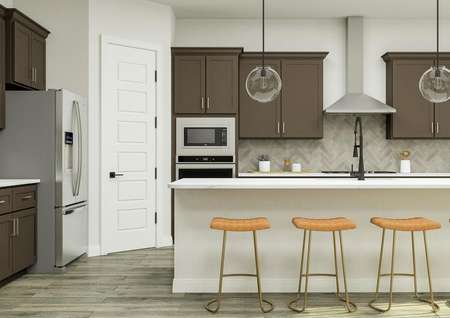 Rendering of the designer kitchen of the
  McAlester floor plan featuring grey cabinetry, stainless-steel appliances,
  and a large island with barstools.