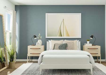 Rendering of bedroom with dual side
  tables, large mirror to side, and blue accent wall.