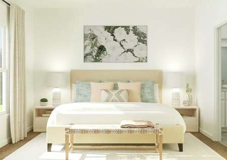 Rendering of owners bedroom with large
  bed, dual side tables, window, and artwork above bed.