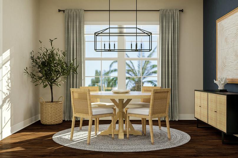 Rendering of dining room showing a round
  table and chairs with light fixture above a large window and surrounding
  dÃ©cor with dark wood look flooring throughout.