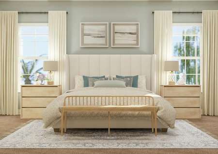 Rendering of spacious master bedroom
  showing large white bed with matching nighstands along a green accent wall
  containing two large windows and tan carpet flooring throughout.