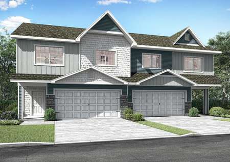 Artist rendering of the Blackberry duplex by LGI Homes with bluish gray, light gray and white siding with stone accents.