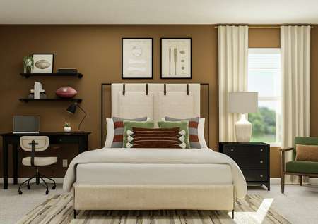 Rendering of a spacious bedroom
  showcasing a large bed. On one side of the bed is a desk and floating
  shelves, on the other is a nightstand and armchair. A window is behind the
  nightstand.