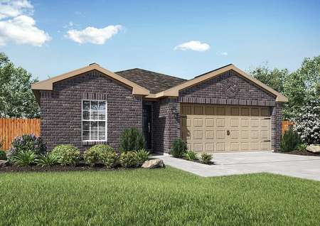 Single story brick home with a two-car garage, front landscaping, fencing, and a shingle roof in the Trinity model plan