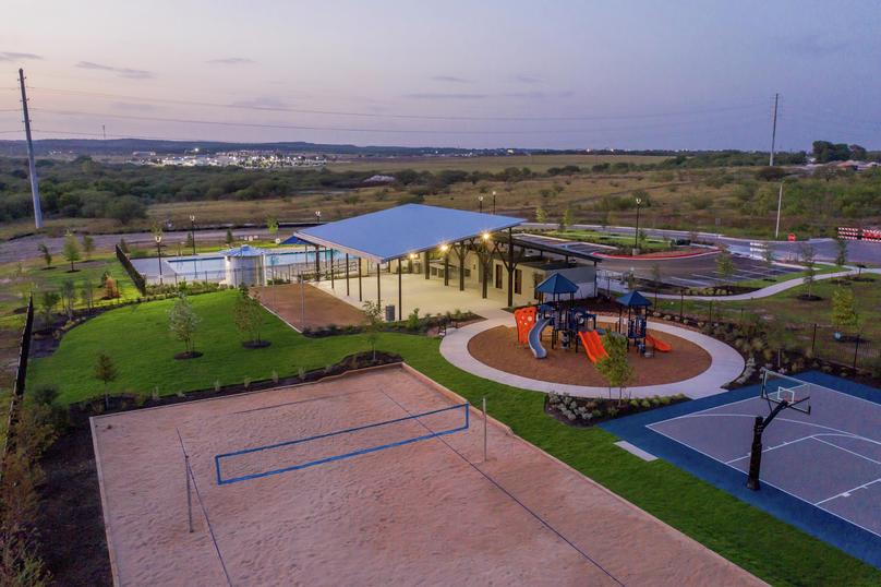 An aerial view at dusk of the TRACE amenities
