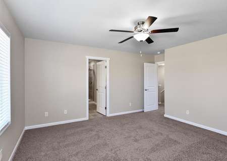 Master bedroom with ceiling fan and carpet