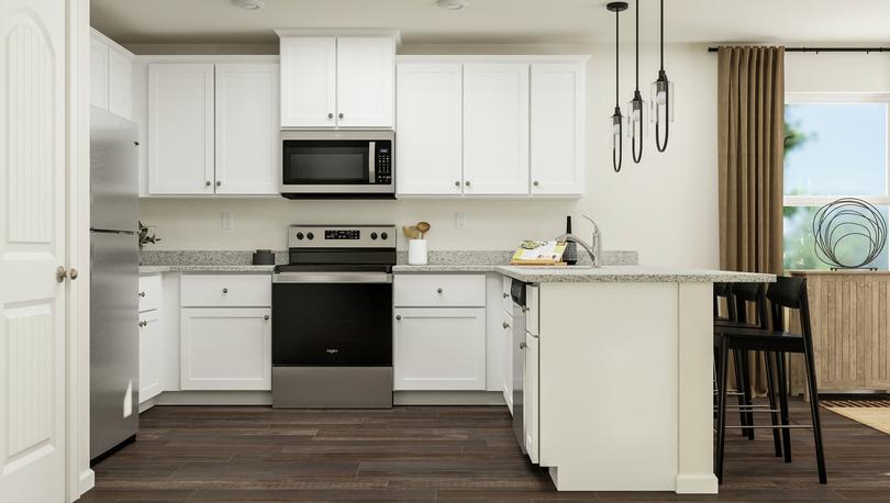 Rendering of the kitchen with luxury
  vinyl plank flooring, white cabinetry, stainless steel Whirlpool brand
  appliances and granite countertops.