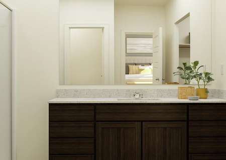 Rendering of the owner's bathroom
  featuring a large vanity, glass door shower, and walk-in closet.