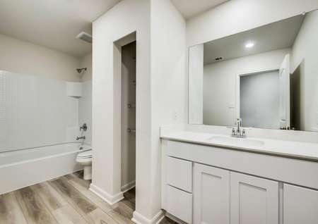 A full bathroom with a linen closet and luxury vinyl plank flooring.